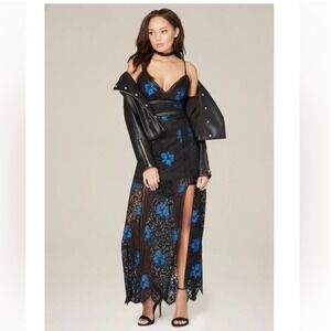Bebe Black Blue Floral Lace Maxi Dress Sz 4 Evening Party Cocktail Gown y2k